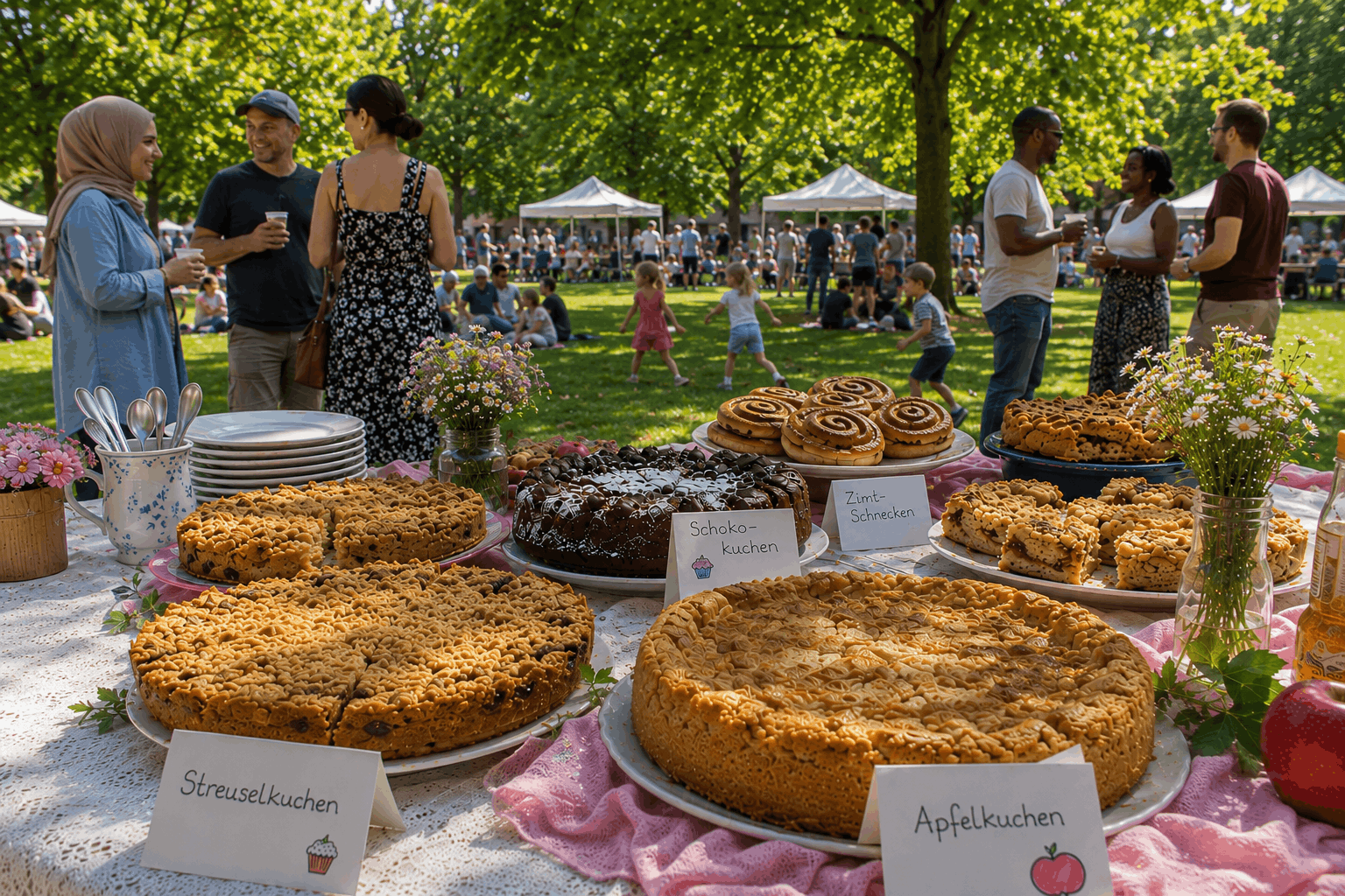 Foto_Kuchenbasar_engagiert-in-halle_klein Kuchenbuffet und im Hintergrund Menschen im Park.